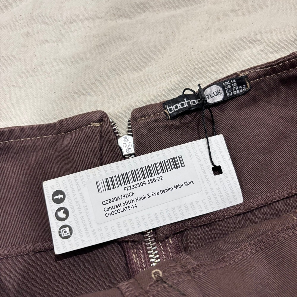 Boohoo Blue Chocolate Brown Corset Hook & Eye Denim Mini Skirt US 10 NEW - Picture 3 of 6